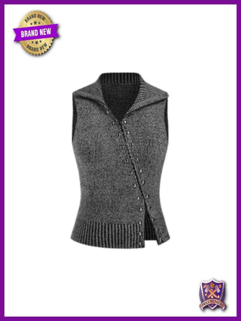 Cropped Sweater Vest Rivet Sleeveless Turtleneck Zip Up Cardigan Women's